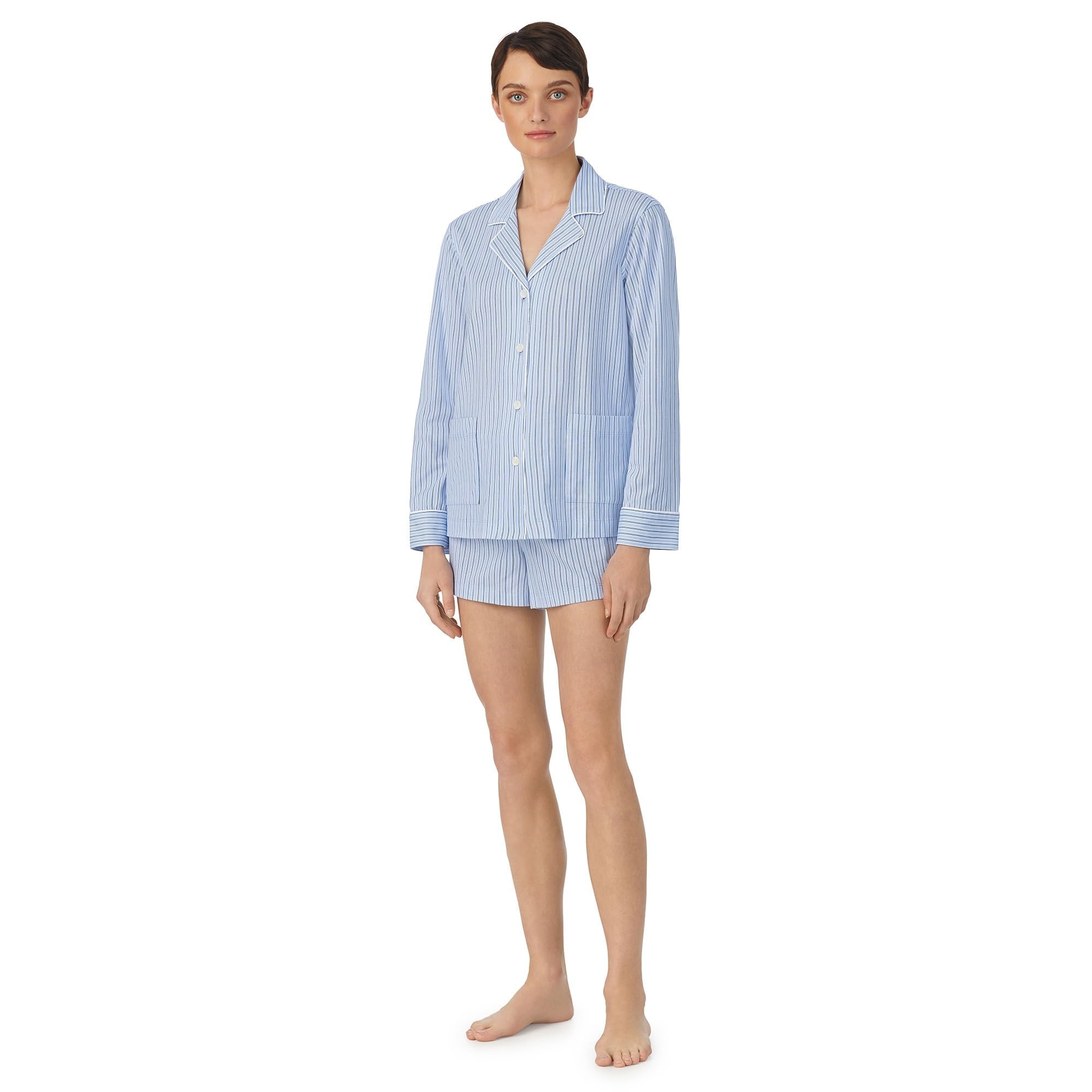 Women's Blue and White Striped Cotton Pajama Set