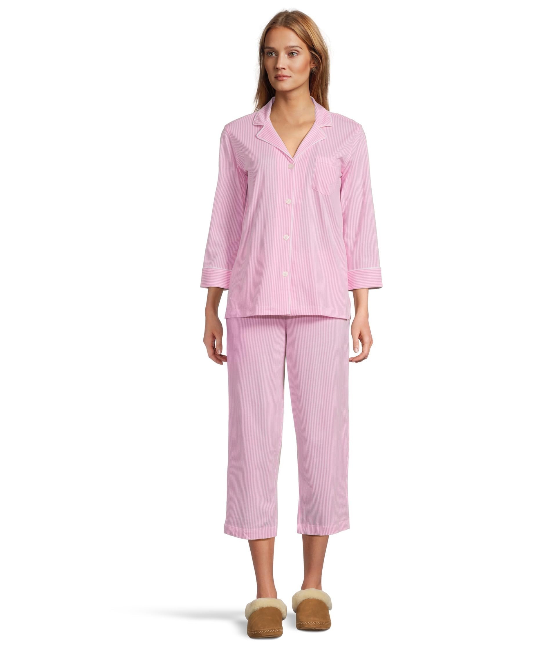 Women's long pink striped cotton cardigan pajama set